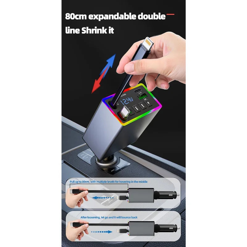 M38 FM Bluetooth MP3 Transmitter 4-in-1 120W Fast Charge Retractable Cable Car Charger with Colorful Light Built-in Media Player