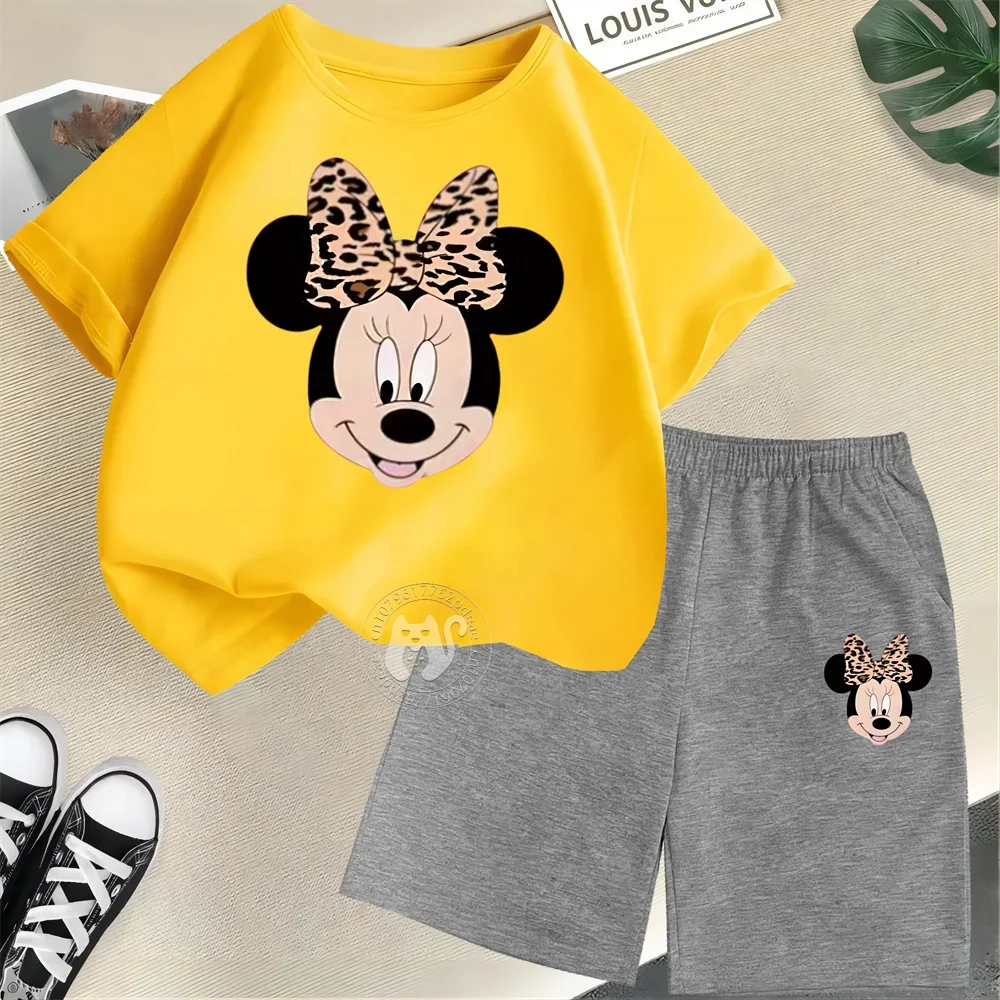 Summer Cartoon Boys & Girls 100% Cotton T-shirt + Shorts Kids Disney Open Minnie Print Fashion Street Boys & Girls Casual Suit