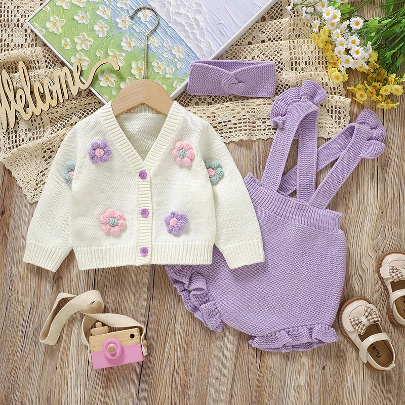 Girl Baby Clothes Set Knit Newborn Sweater Long Sleeve +Pants Fashion Ruffle +Hearwear Autumn Infant Cardigan Bodysuit Headdress