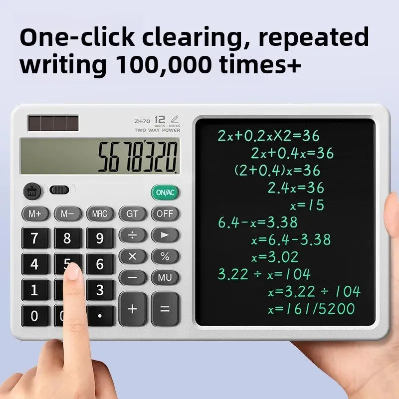 Desktop office calculator; Financial accounting; School office; Teacher student writing draft memo; Handwriting board computer.