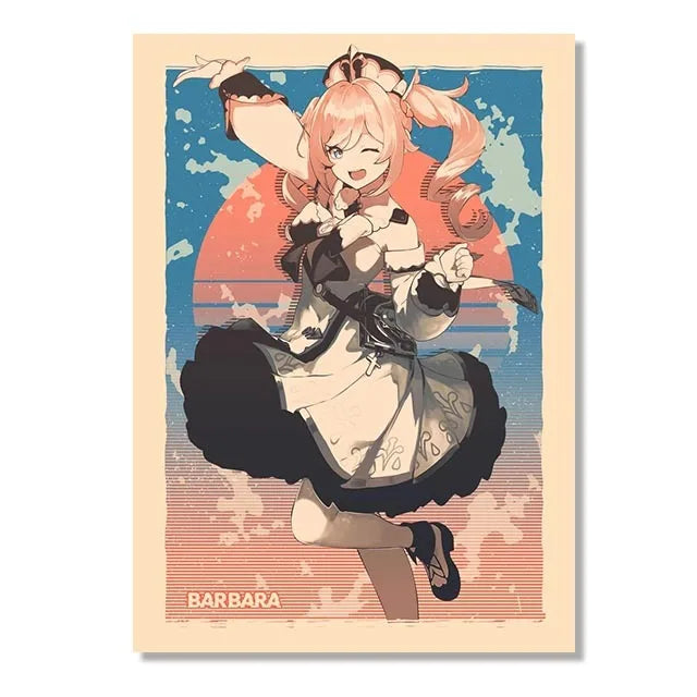 Genshin Game Retro Canvas Poster Ganyu Hu Tao Game  Wall Hanging Painting Anime Wall Art Pictures and Print for Home Room Decor