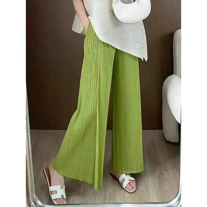 LANMREM patchwork design women's Pleated trousers elastic High Waisted Draped Straight Wide Leg Pants 2025 chic new 2DB3871