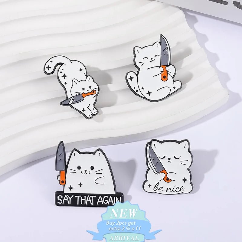 White Cat Holding Knife Enamel Pins Threatening Provoking Quotes Say That Again Brooch Bag Lapel Badge Jewelry Fans Gifts
