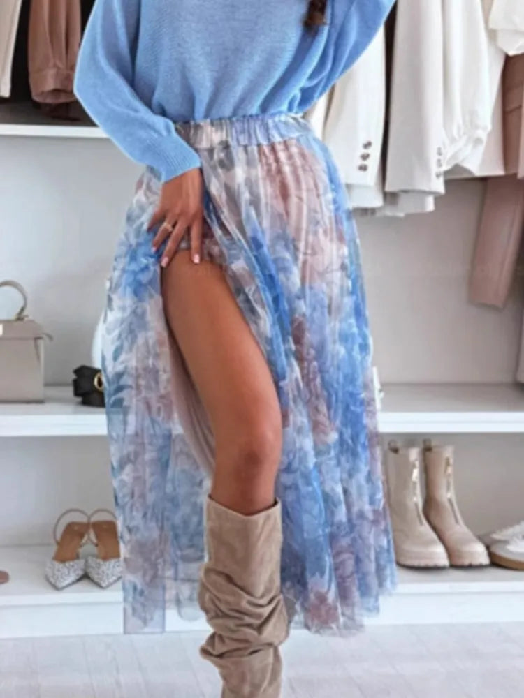 Fashion Beach Print Skirt For Women Casual Elegant Loose Long Skirts Lady Holiday Party Skirt Womens Clothing Summer New 2025