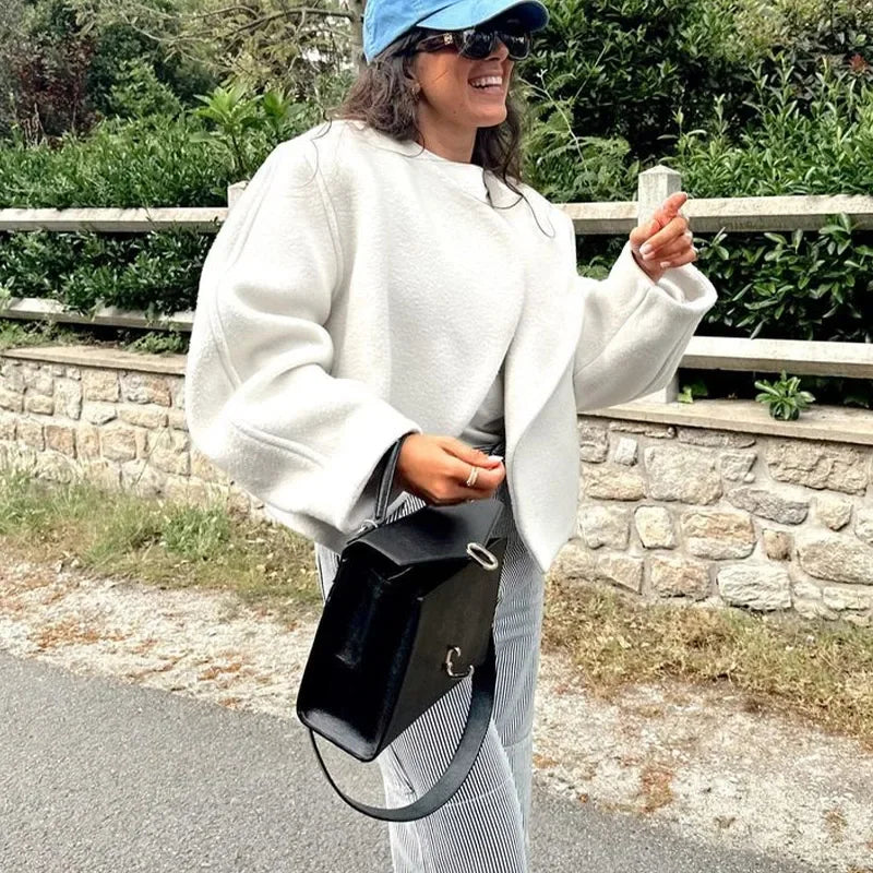 Women's Fashion Solid Thicken Cropped Jacket Top Long Sleeve Warm Autumn Winter Cardigan Female Casual Loose Woolen Streetwear