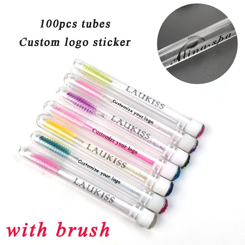 Customized Logo sticker 100pcs Eyebrow Brush Tube Reusable Eyelash Brush Tube Dust-Proof Mascara Sticks Applicators Makeup Brush