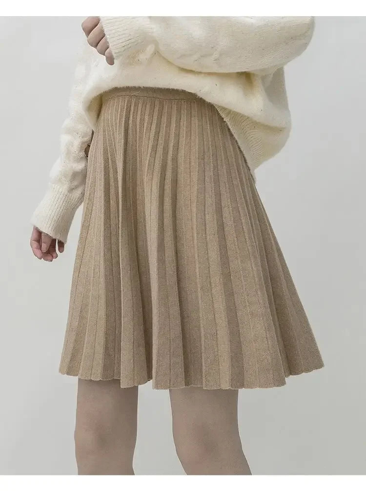 Clothes for Women Autumn Winter Korean Fashion Sexy Sweet Chic Pleated Skirts Elegant High Waist Solid Slim A-line Knitted Skirt