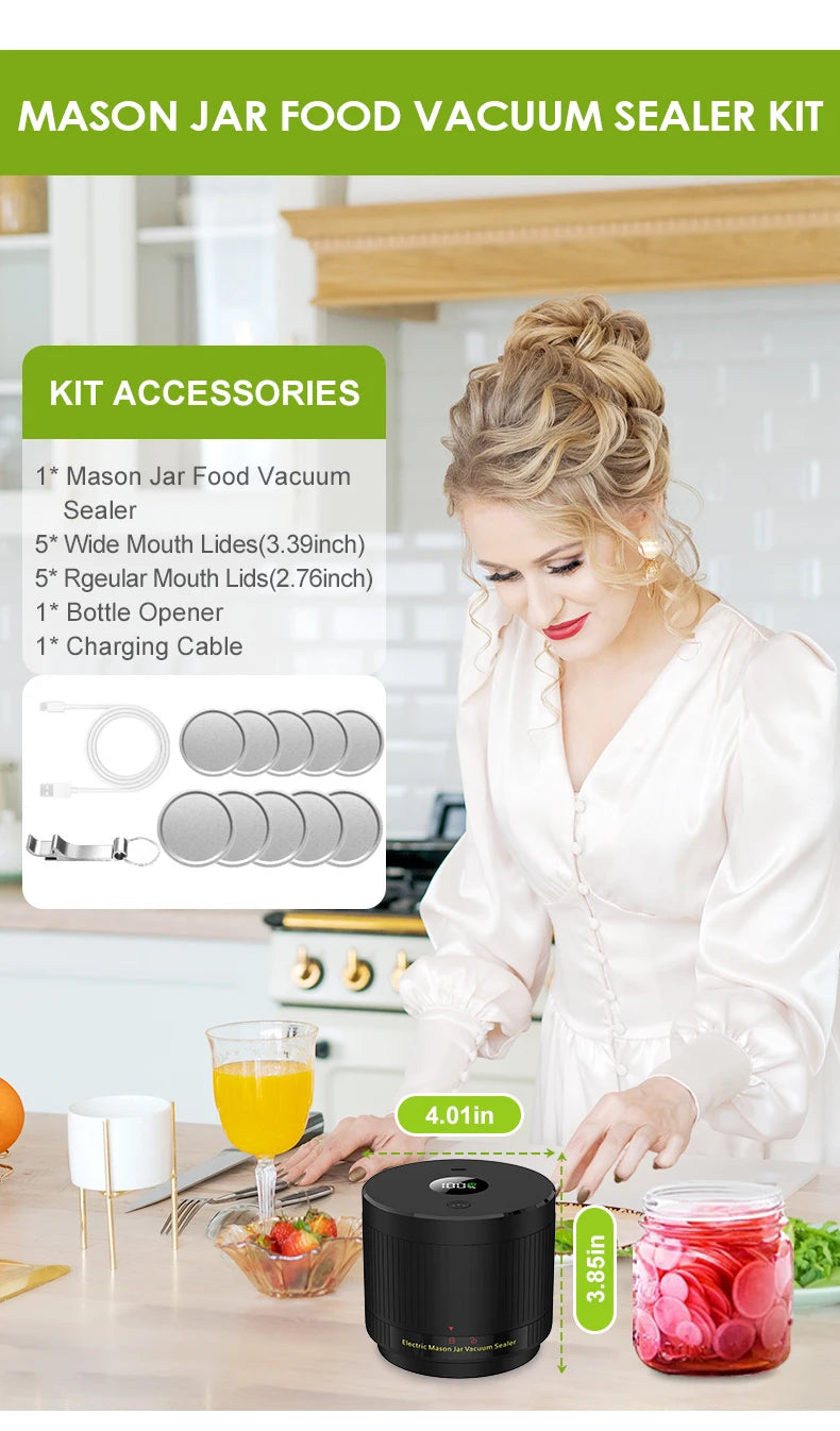 Wancle Electric Mason Jar Vacuum Sealer LCD Digital Display Cordless Vacuum Sealer Kit for Wide and Regular Mouth Mason Jars