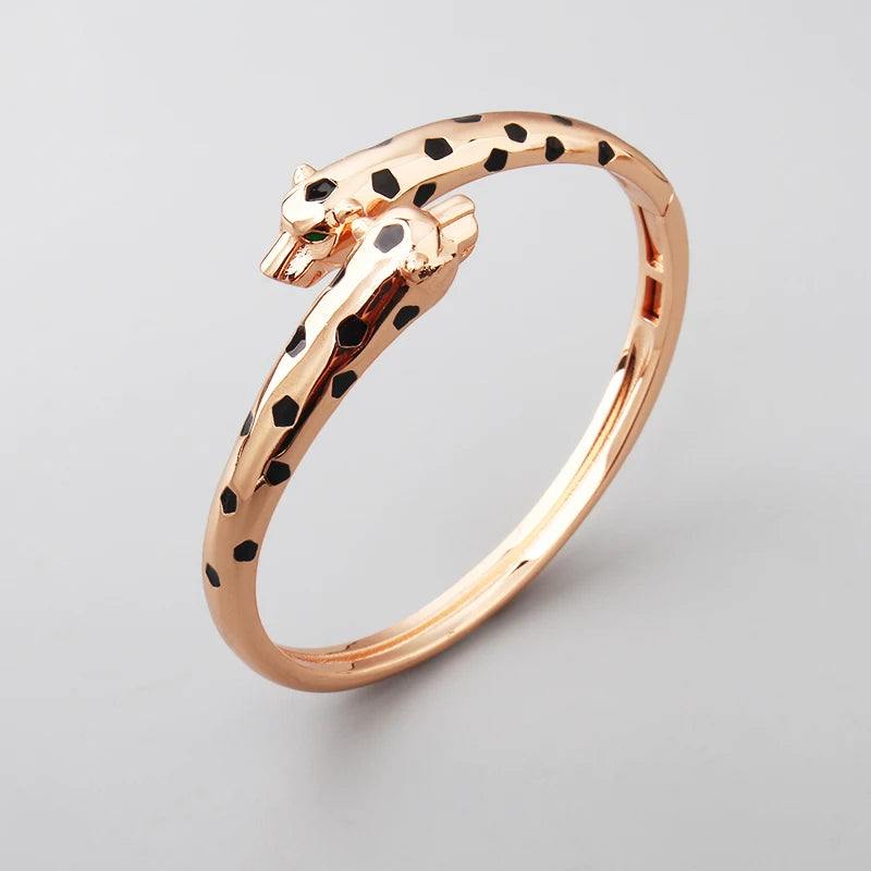 Luxury Fashion Cuff Bangle Charm Bracelet Brass Silver Color Czech Green Eyes Double Leopard Women Jewelry Gift New Arrivals