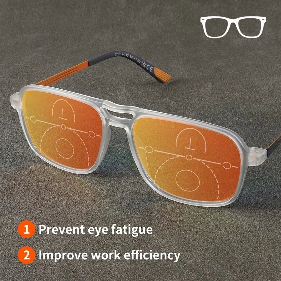 Progressive Multifocal Reading Glasses Intelligent Zoom Anti Blue Light Eyewear Alloy Temples Square Clear/Red Coating Glasses