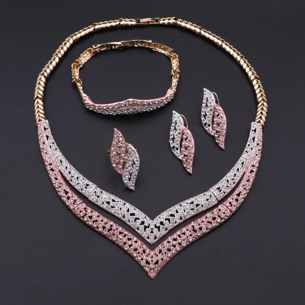 Dubai Gold Color Jewelry Set Fashion Women Necklace Earrings Bracelet And Ring 4PCS Set Jewelry Wedding Party Gift