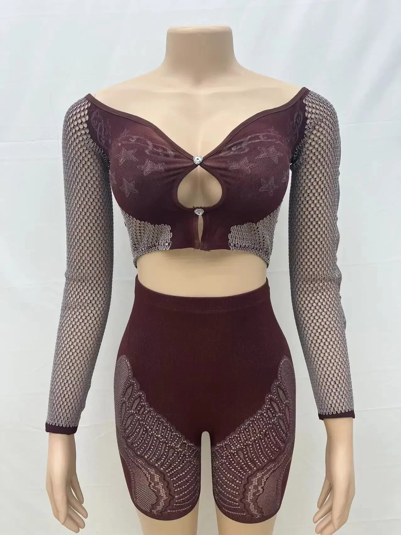 CM.YAYA Street Women's Set Full Sleeve Slash Neck T-Shirt and Shorts Suit 2024 Fall Hollow Out Two 2 Piece Set Outfit Tracksuit