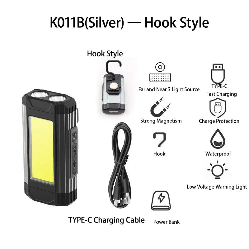 Portable COB Magnetic Work Light Rechargeable LED Flashlight Super Bright Camping Waterproof Car Repair Lamp with Brackets