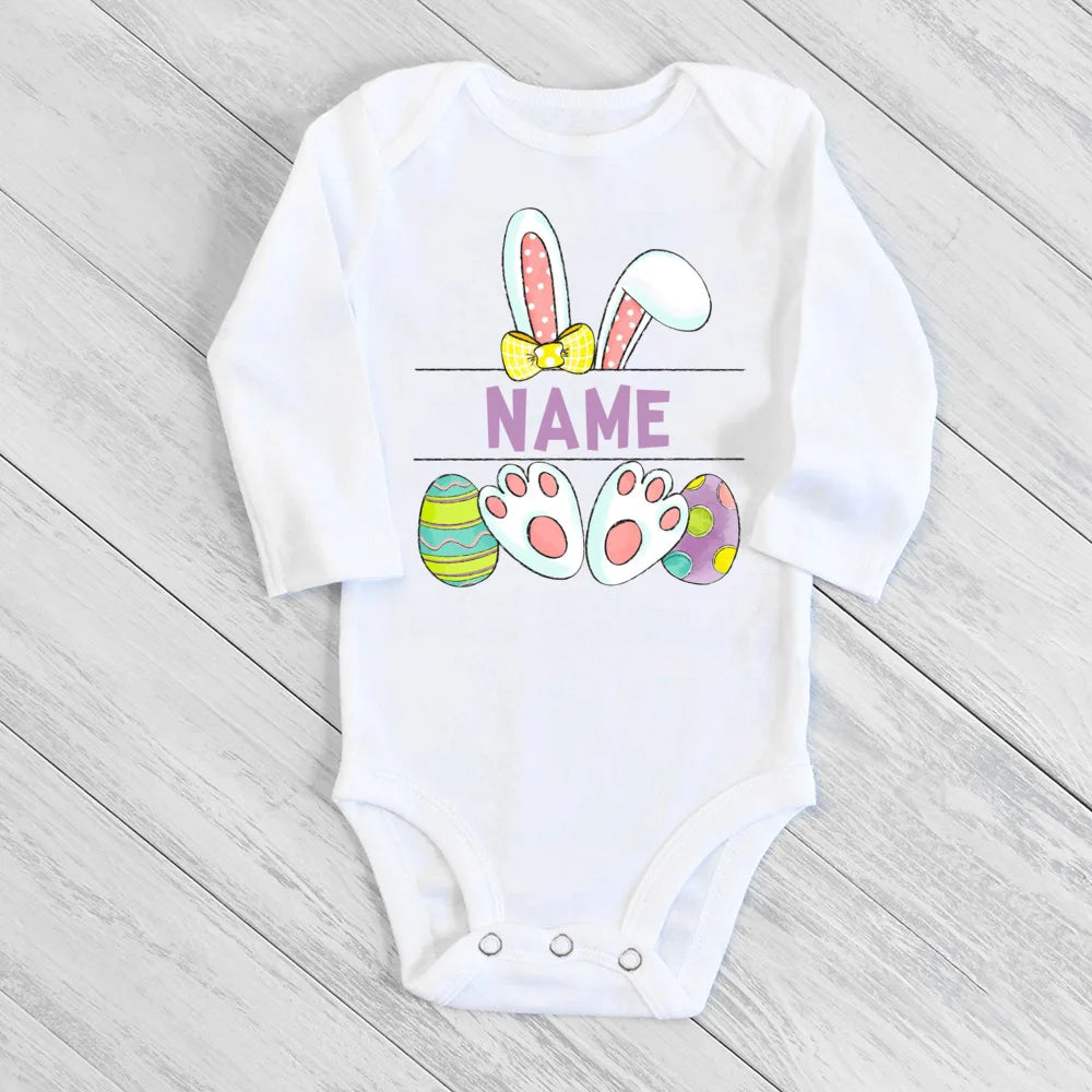 Personalized Easter Baby Romper Bunny with Name Infant Outfit Bodysuit Boys Girls Holiday Party Jumpsuit Bunny Newborn Rompers