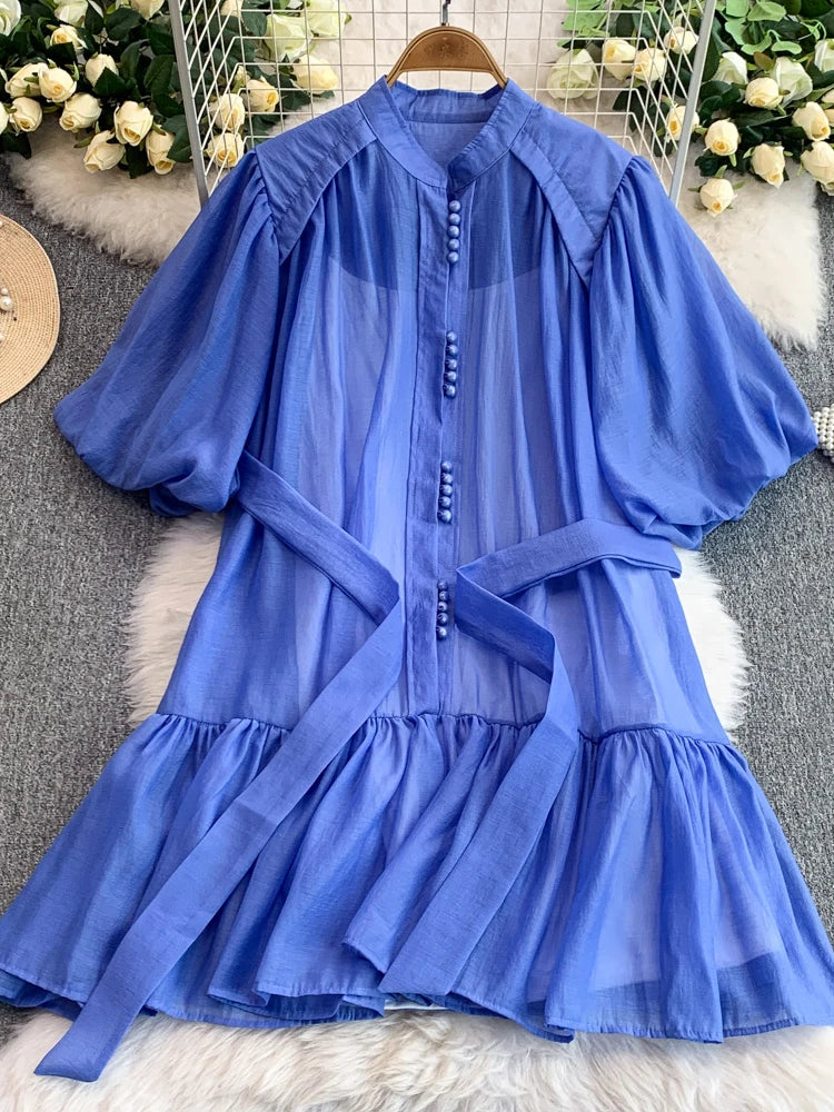 Summer Women's Puff Sleeve Shirt Dress Fashion Beach Vacation Party Birthday Blue White Exquisite Chiffon Mid Length Dress B06