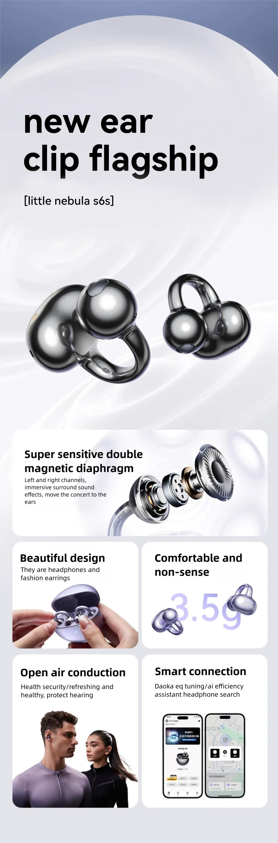 Sanag S6S AI Earphone Open Ear Earphone FreeClip 3D Stereo Sound Bluetooth 5.3 OWS Sport Headphones IPX4 Waterproof