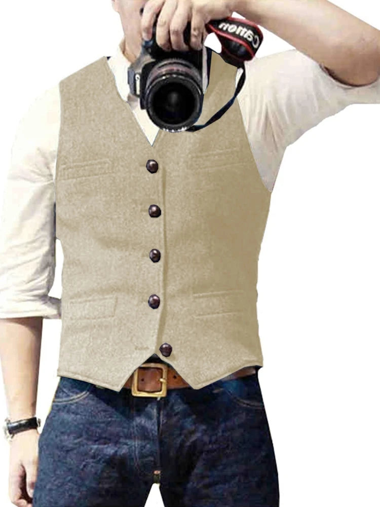 Men's Suit Vest Military Green Single Breasted Blended  Men Vest Denim Jeans Waistcoat Jacket Slim Fit Casual Formal Business