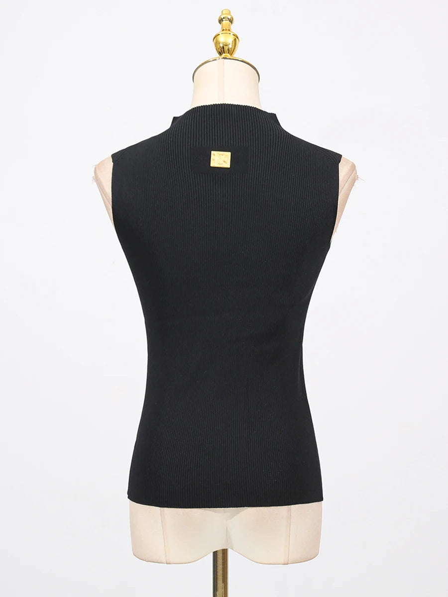 VGH American Casual Spliced Hollow Out Vest for Women Stand Collar Sleeveless Slimming Minimalist Tank Top Female Clothing New