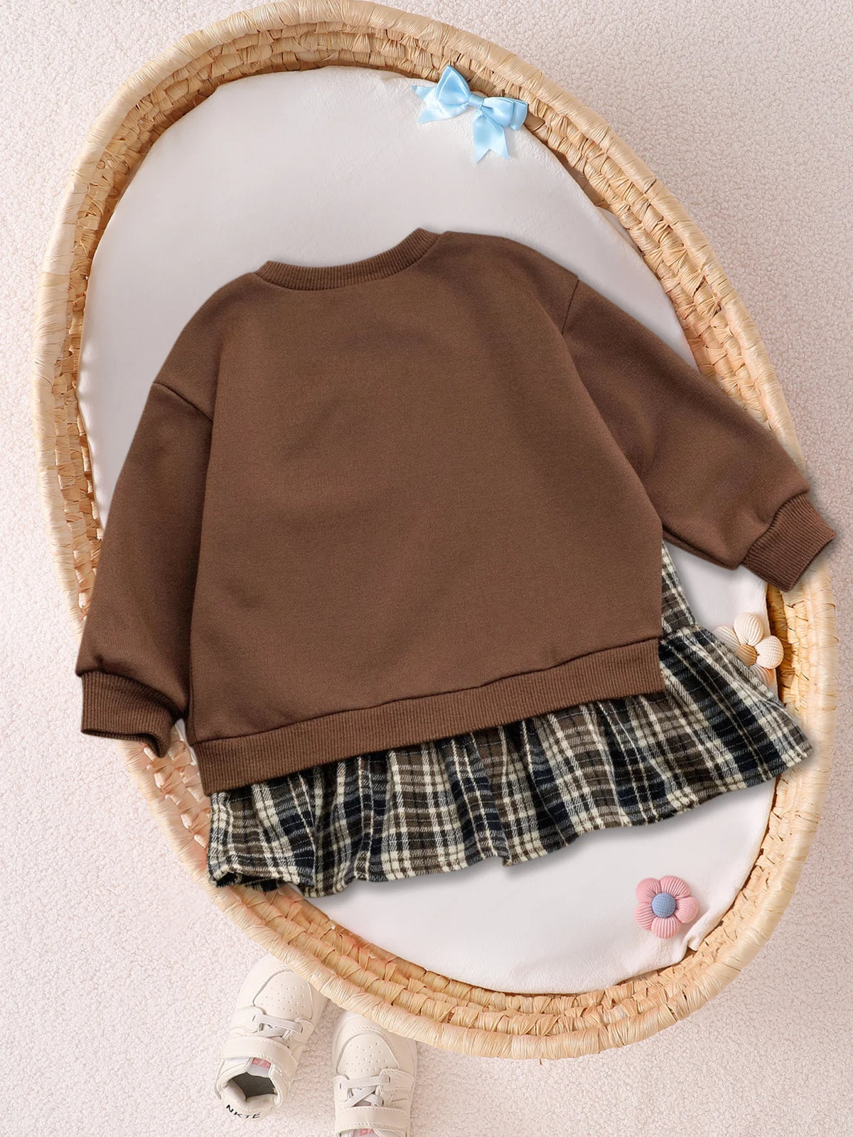 1-Piece Set: Baby Girl Spring and Autumn Thin Dress Outfit, Simple Pullover Long-Sleeve Top with Irregular Hem, Plaid Pattern, Color-Matched Faux Two-Piece Dress, Cute and Fashionable Princess Dress for Girls, Newborn Birthda