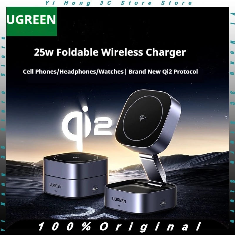 UGREEN Qi2 25W Magnetic Wireless Charger Stand Magsafe Fast Charger 2-in-1 Charging Stand For iPhone 16Pro 15 Pro Max/AirPods