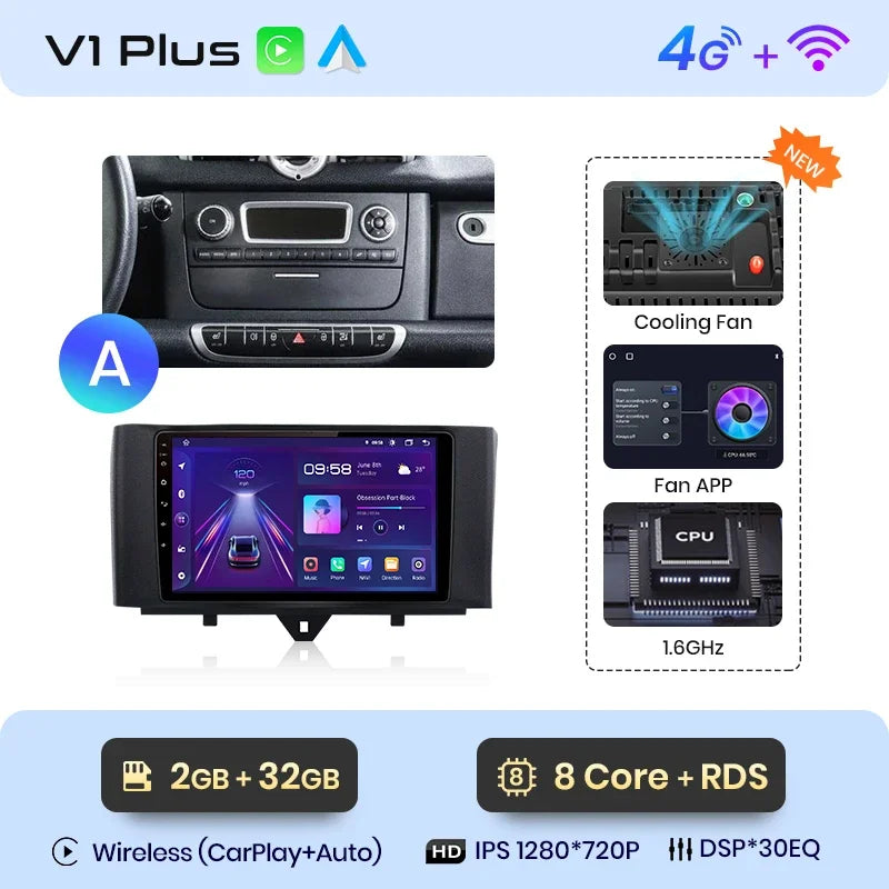 Junsun Wireless CarPlay Android Auto Radio For Smart Fortwo 451 2005 - 2015 Car Intelligent Systems RDS BT DSP 2 din autoradio