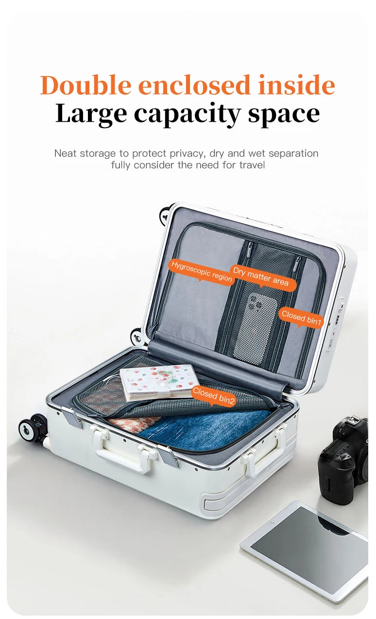 24-inch luggage with an aluminum frame, wide pull rod and front opening, as well as a high-value 20-inch travel suitcase (pull r