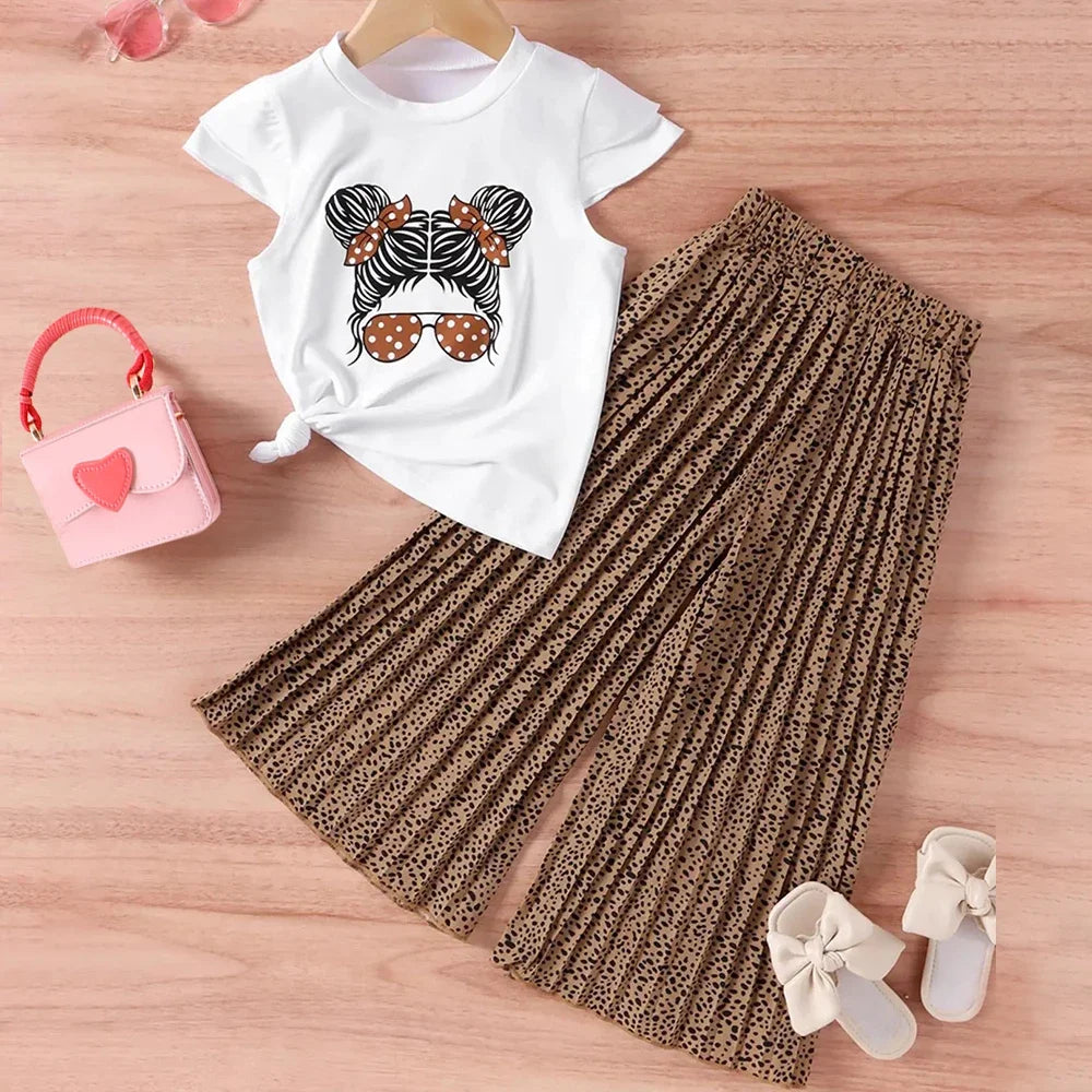 Cartoon Avatar with Short Sleeves and Wide Leg Pants 2pcs Set 2-7 Years Old Baby Girl's Casual Clothing Set Summer