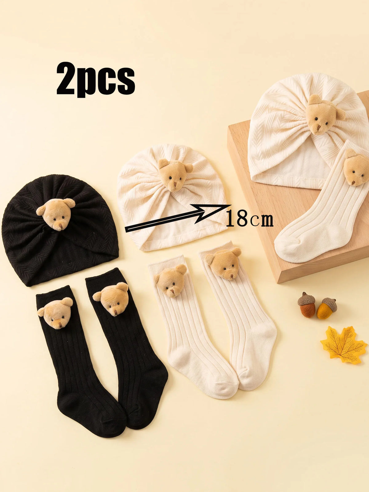 2pcs 3-24M Baby Kids Cute Puppy Cartoon Hat & Socks Set, Simple Solid Color Infant Knit Accessory Kit