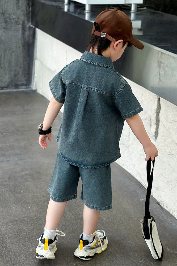 2025 Trendy Boys' Denim Set Vintage Wash Short Sleeve Shirt & Shorts 2-Piece Summer Outfit