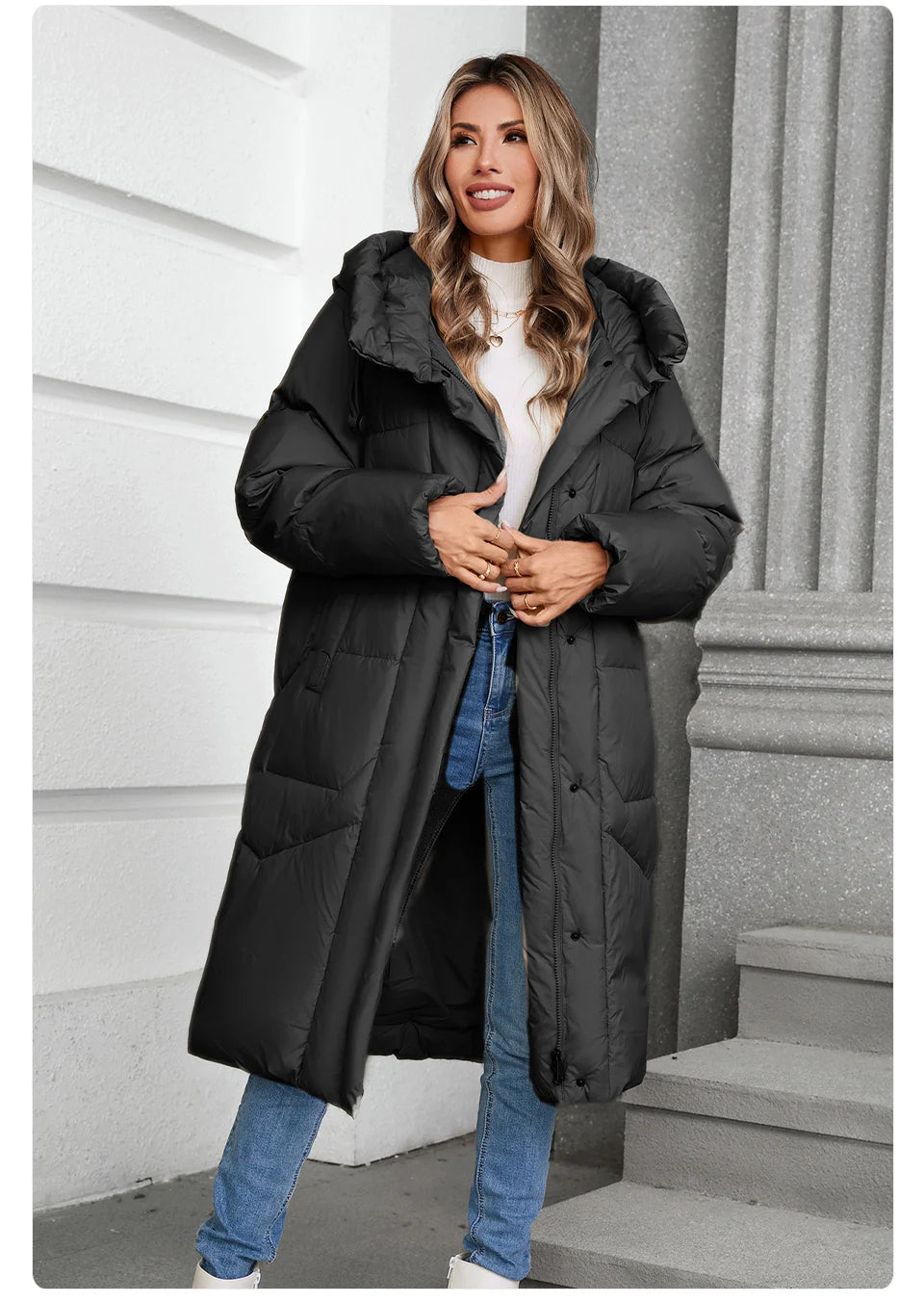 GASMAN 2024 Winter Down Jacket Women Long Classic zipper Design Pocket Stand Collar Hooded Slim Coat Women Parkas 88590