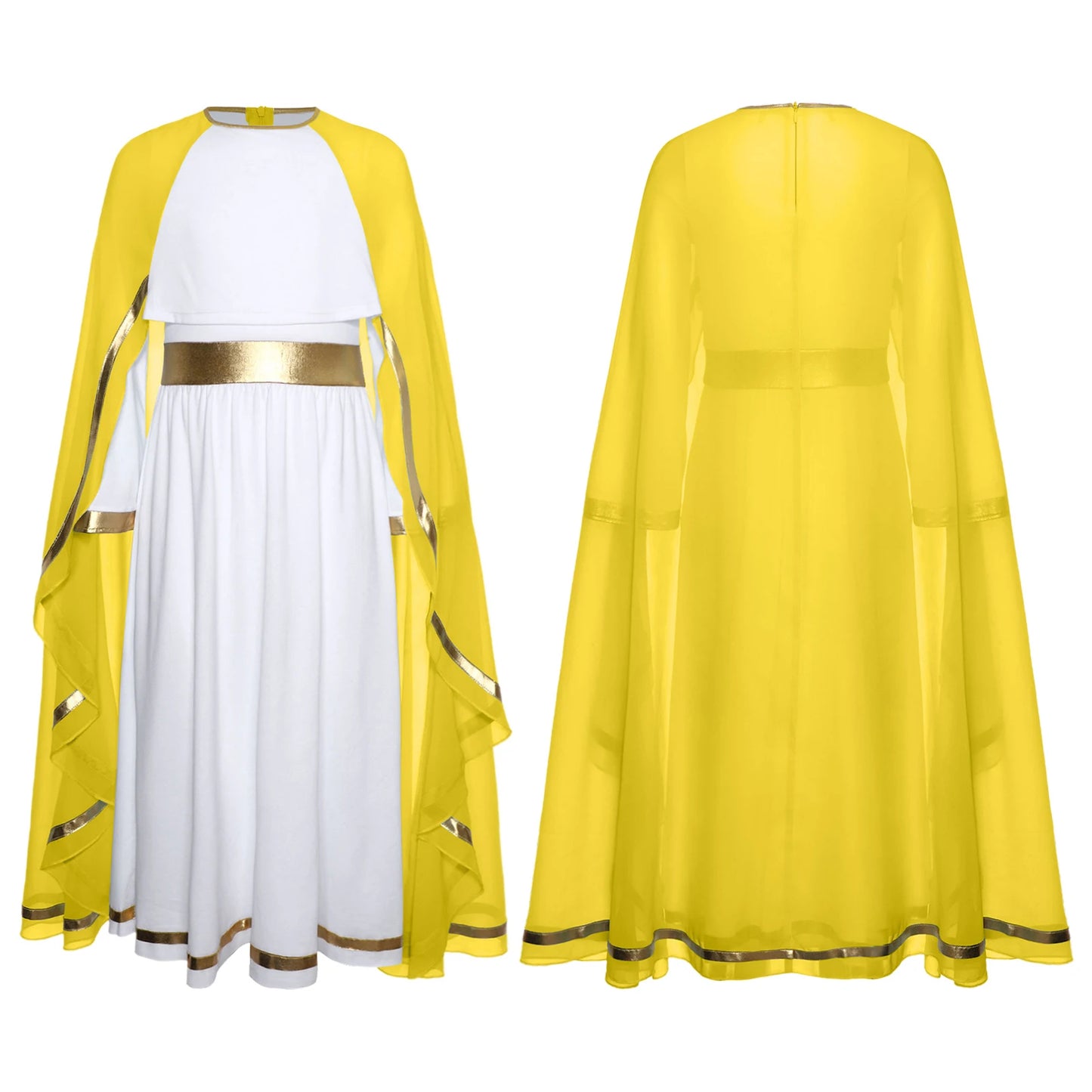 Halloween Virgin Mary Costume for Kids Girls Fancy Greek Princess Cosplay Long Sleeve Ruffle Dress with Chiffon Cape Theme Party