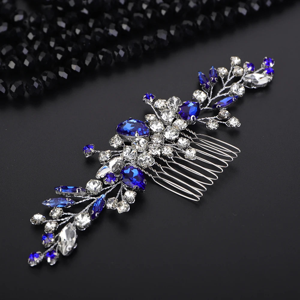 Crystal Flower Bride Hair Accessories Red Wedding Head Jewelry Blue Rhinestone Headdresses Women Hair Comb 9 Colors Headpieces