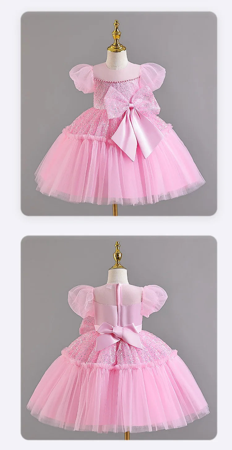 Summer clothing suitable for toddlers mesh large bow baby's first birthday ball dress white baby girl baptism dress
