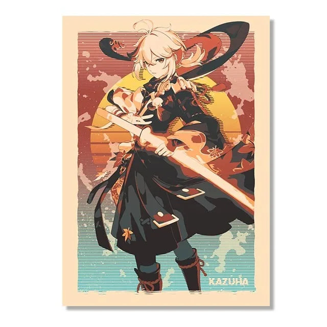 Genshin Game Retro Canvas Poster Ganyu Hu Tao Game  Wall Hanging Painting Anime Wall Art Pictures and Print for Home Room Decor