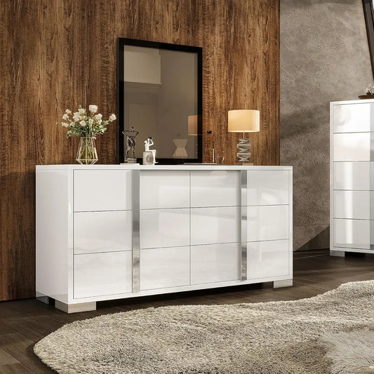 54" W High Gloss 6 Drawers Dressers with Silver Grooved Handles, Modern Storage Chest of Drawers with Wide Tabletop, for Bedroom