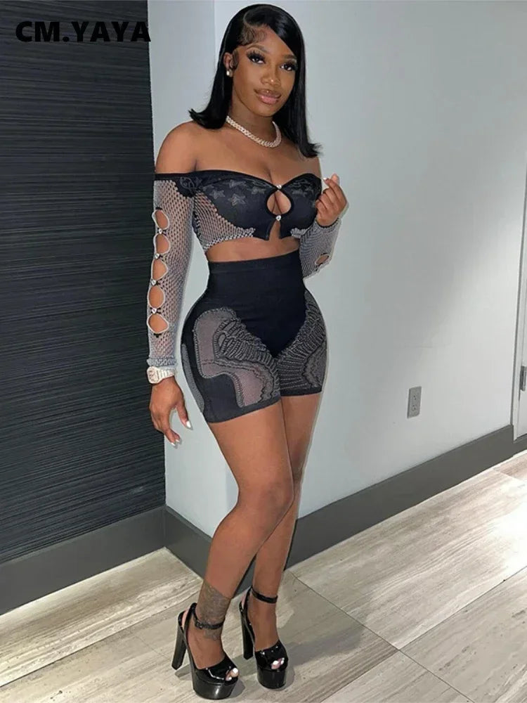 CM.YAYA Street Women's Set Full Sleeve Slash Neck T-Shirt and Shorts Suit 2024 Fall Hollow Out Two 2 Piece Set Outfit Tracksuit