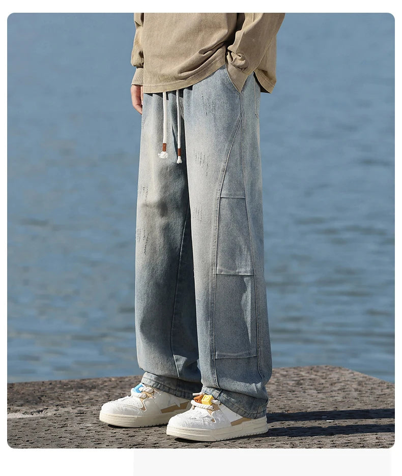 Jeans men's American high street vintage washed crease splicing men's spring and fall models loose straight pants