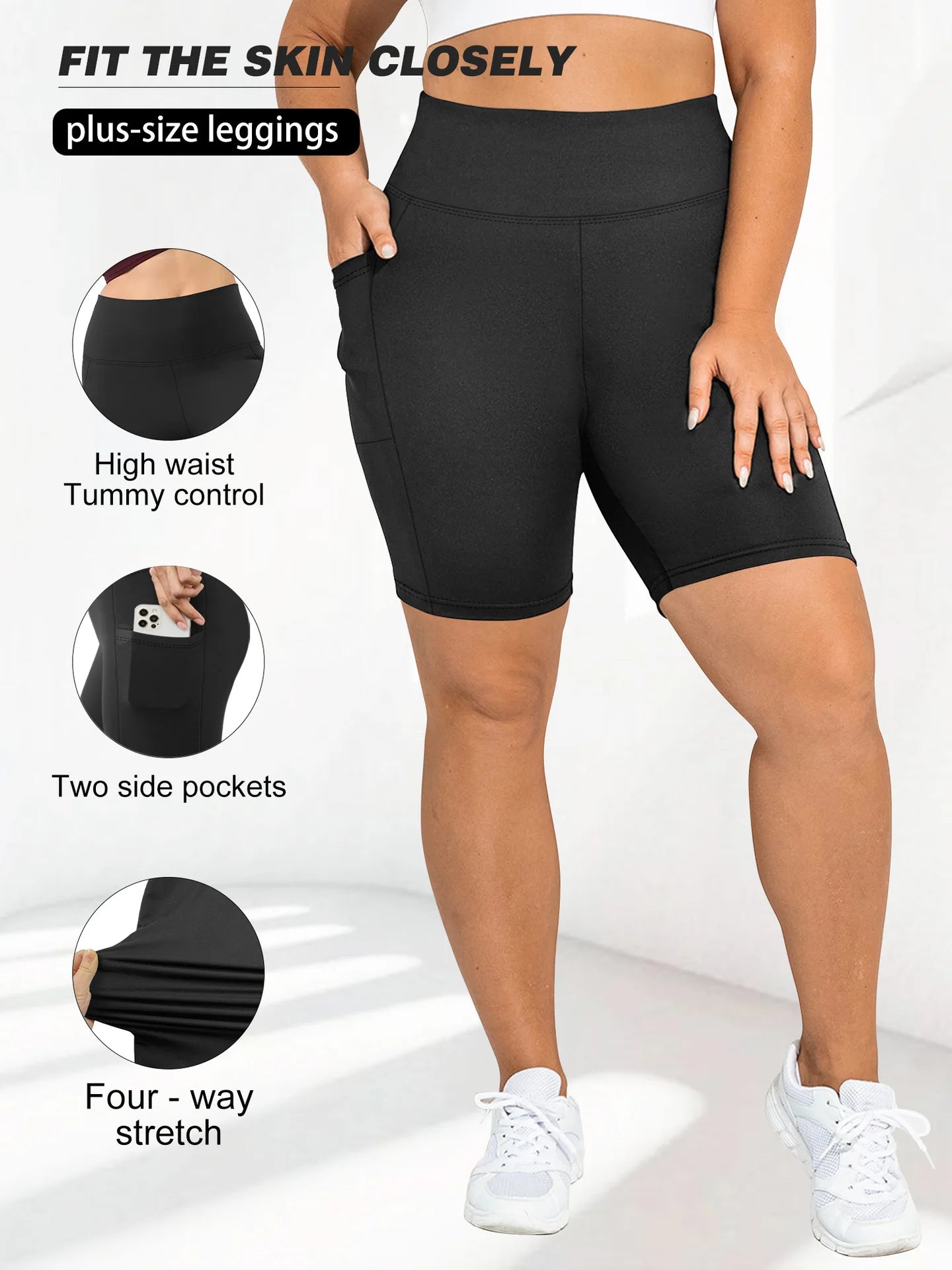 High Waist Plus Size Leggings Yoga Shorts for Women with Pockets, Non-See Through Shorts for Women