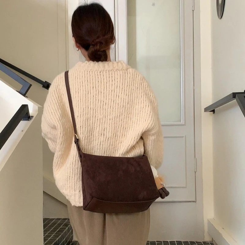 Women Handbag Vintage Tote Bag Simple Casual Commuter Bag Large Capacity Faux Suede Handbag