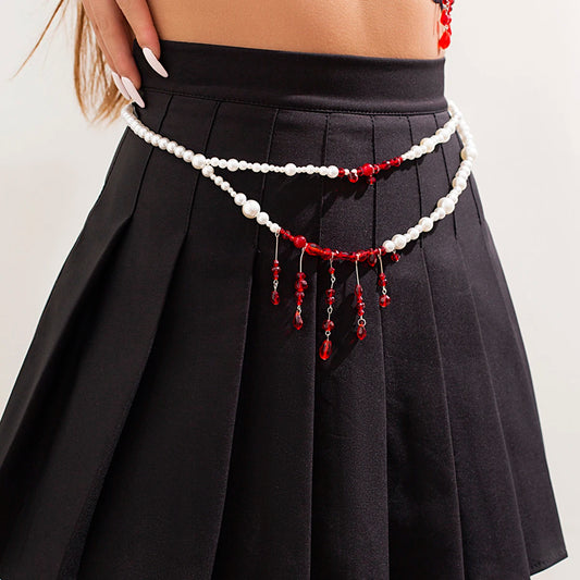 Salircon Punk Imitation Pearl Double Layer Waist Chain Gothic Red Crystal Bead Pendant Belly Chain Women Sexy Trend Body Jewelry