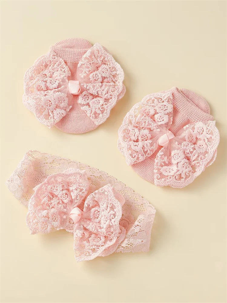 2Pcs Baby Girl Headband And Socks Set Princess Lace Bowknot Elastic Hair Band Anti-Slip Floor Socks for Newborns
