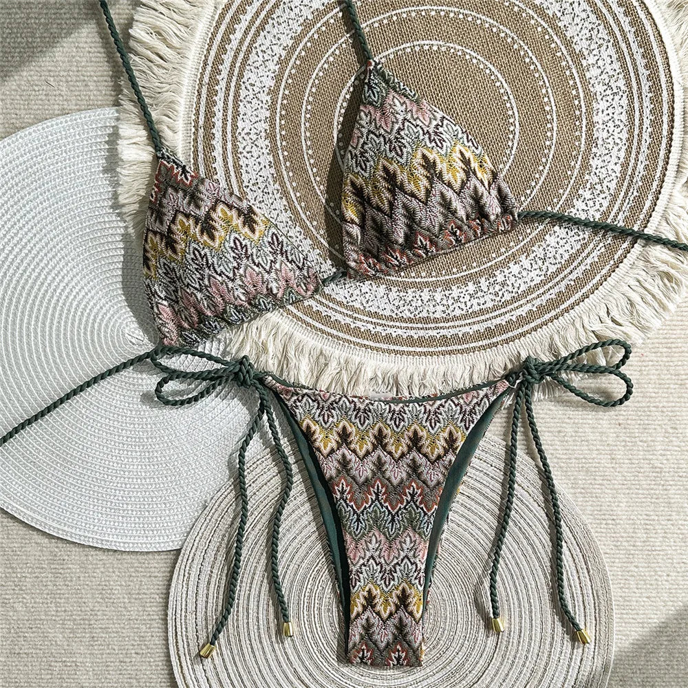 Halter String Triangle Bikinis Sets Micro Thong Swimsuit Women 2026 Vintage Geometric Swimwear Bathing Suti Bikini Mujer