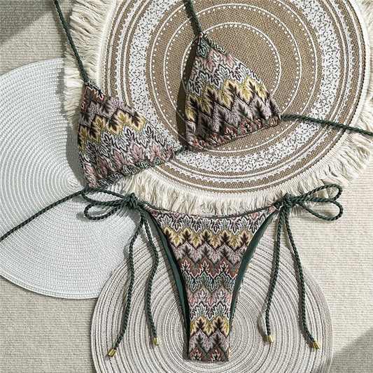 Halter String Triangle Bikinis Sets Micro Thong Swimsuit Women 2026 Vintage Geometric Swimwear Bathing Suti Bikini Mujer