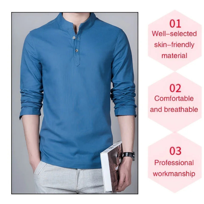 Men’s Solid-color Cotton Linen Shirt Long Sleeve Plus Size Casual