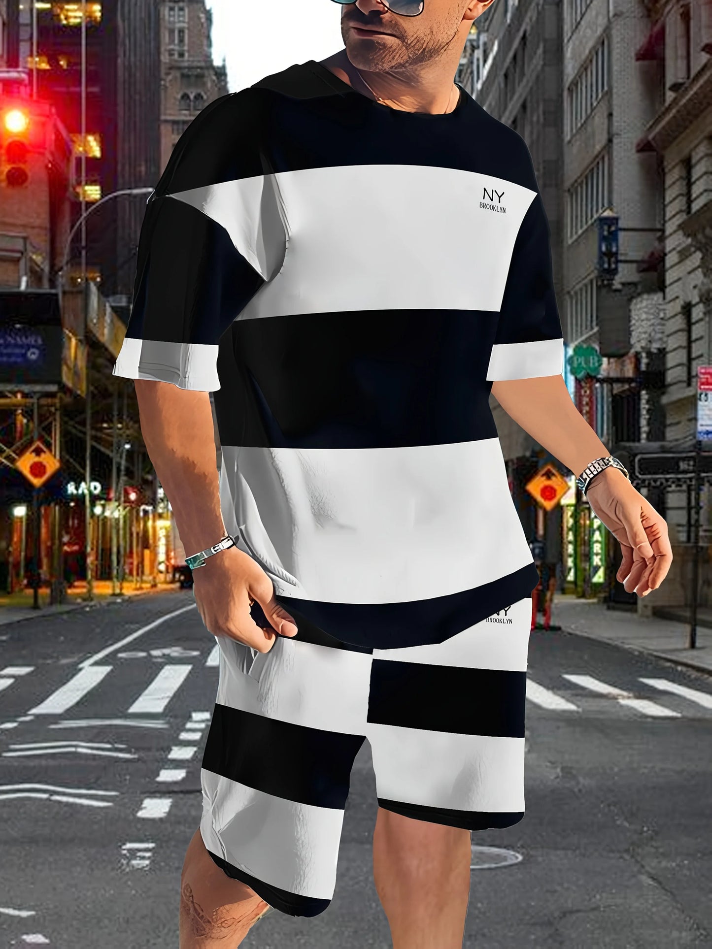 Fashionable men's summer striped print micro elastic breathable round neck T-shirt shorts set outdoor casual two-piece set
