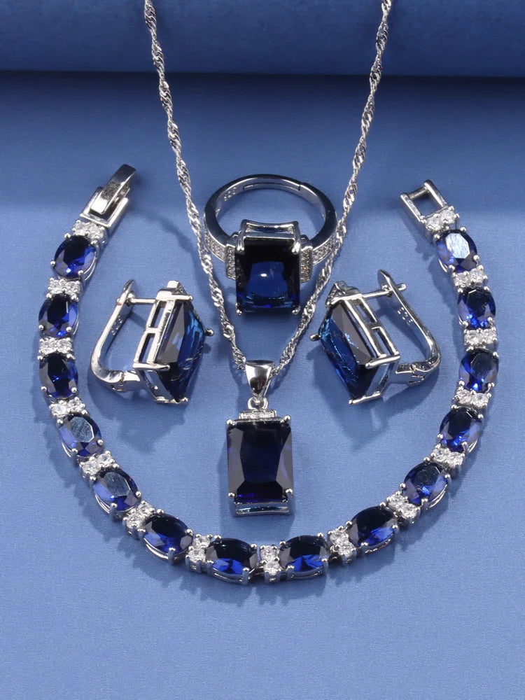 Rectangle 925 Silver Jewelry Accessory Fashion Vintage Original Set Of Earrings Women's Ring  Hand Bracelets Necklace Pendant