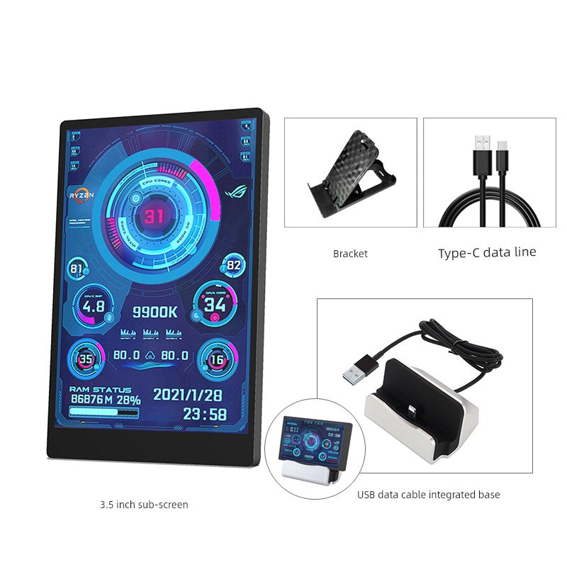3.5-Inch Computer Sub-Screen IPs Full View USB-C Chassis Sub-Screen Computer Status Monitoring Installation-Free Aida64