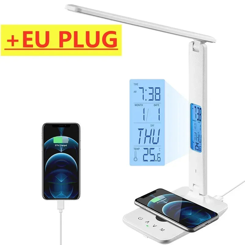 LED Desk Lamp with Wireless Charger USB Charging Port Adjustable Foldable Table Lamp Dimmable Lighting Office Lamp Adapter
