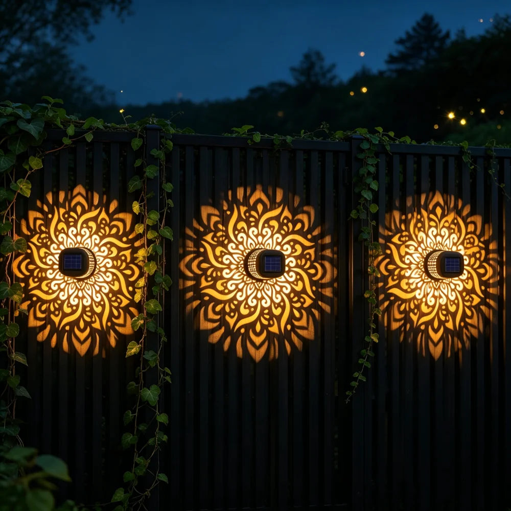LED Solar Mandala Wall Lamp Openwork Projection Lawn Light Outdoor Garden Decorative Landscape Light for Garden Lawn Fence Porch