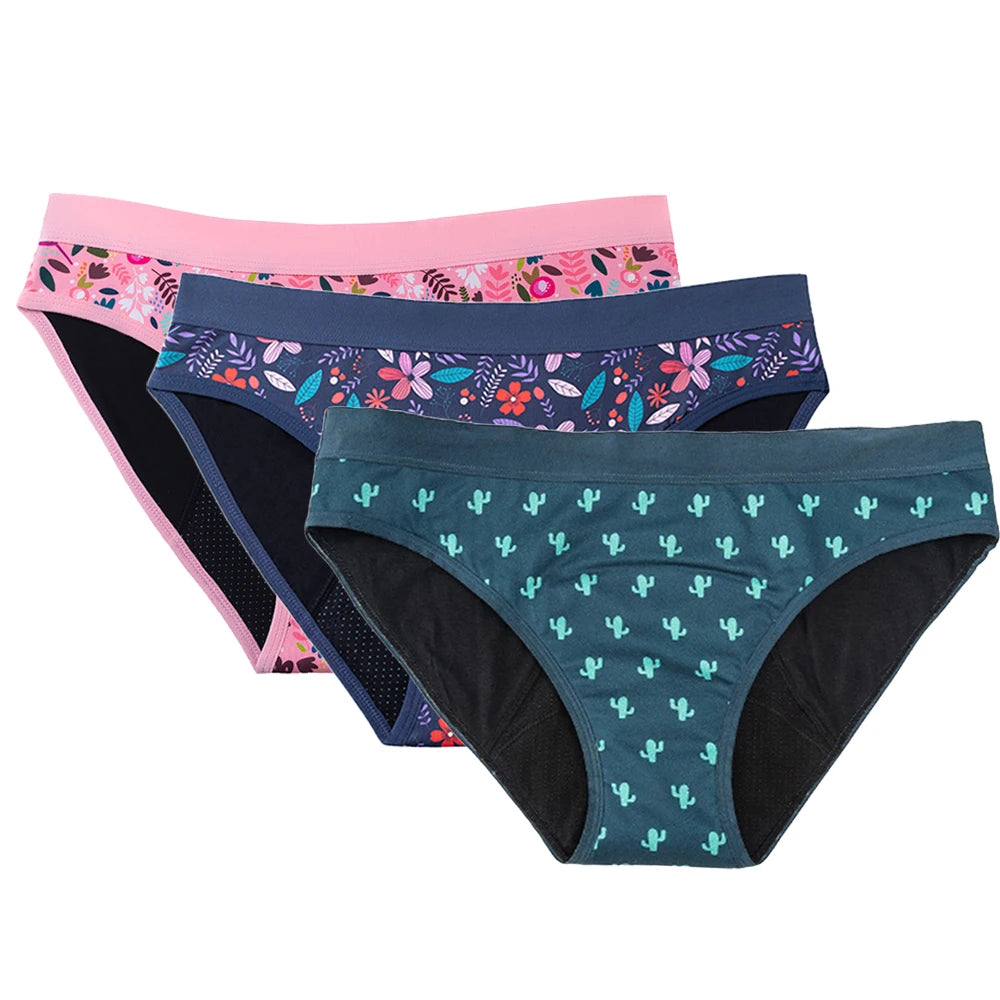 3PCS/Lot Girls Cotton Menstrual Panties For Teenager Printing Fabric Underwear 4-Layers Medium Flow Absorption Panties for Girls